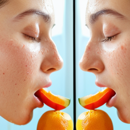 Home 23 **Image Prompt:** A split-screen composition. On one side, a serene woman gently cleansing her face in a brightly lit bathroom. On the other side, close-up shot of vibrant, colorful fruits and vegetables, arranged artfully, with a glass of water nearby, emphasizing healthy eating for skin.