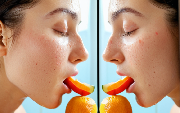 **Image Prompt:** A split-screen composition. On one side, a serene woman gently cleansing her face in a brightly lit bathroom. On the other side, close-up shot of vibrant, colorful fruits and vegetables, arranged artfully, with a glass of water nearby, emphasizing healthy eating for skin.