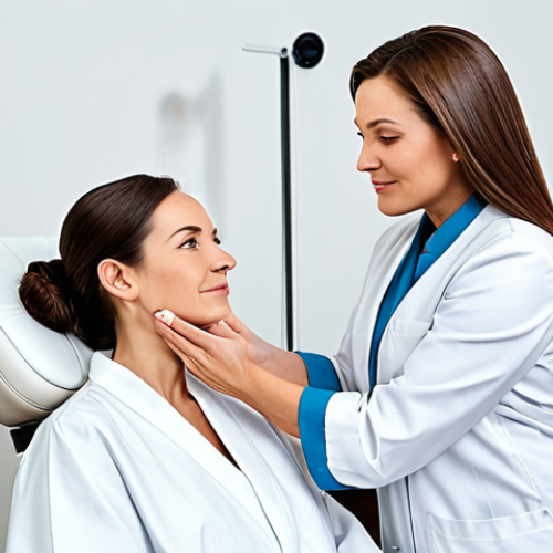 Home 22 A professional, compassionate female aesthetician, fully clothed in a clean medical uniform, gently administering a cosmetic treatment to the cheek area of a mature woman in a modest spa robe, focusing on the careful application. The setting is a bright, modern, and sterile dermatology clinic with soft, professional lighting. The overall atmosphere is calm and reassuring, emphasizing expertise and care. Perfect anatomy, correct proportions, natural pose, well-formed hands, proper finger count, natural body proportions. Safe for work, appropriate content, fully clothed, professional.
