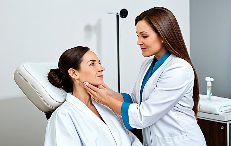A professional, compassionate female aesthetician, fully clothed in a clean medical uniform, gently administering a cosmetic treatment to the cheek area of a mature woman in a modest spa robe, focusing on the careful application. The setting is a bright, modern, and sterile dermatology clinic with soft, professional lighting. The overall atmosphere is calm and reassuring, emphasizing expertise and care. Perfect anatomy, correct proportions, natural pose, well-formed hands, proper finger count, natural body proportions. Safe for work, appropriate content, fully clothed, professional.