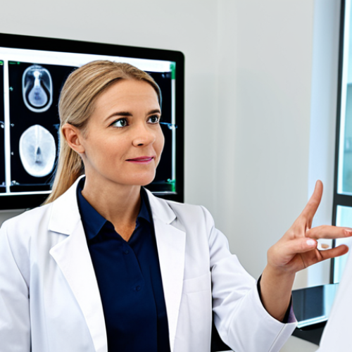 Home 21 A professional female dermatologist in a modest white lab coat and appropriate medical attire, engaged in a detailed consultation with a female client in a professional business suit. They are in a modern, clean dermatology clinic with subtle high-tech equipment in the background. The dermatologist is pointing to a large digital screen displaying a detailed skin analysis report. Professional photography, high quality, safe for work, appropriate content, fully clothed, professional, perfect anatomy, correct proportions, natural pose, well-formed hands, proper finger count, natural body proportions.