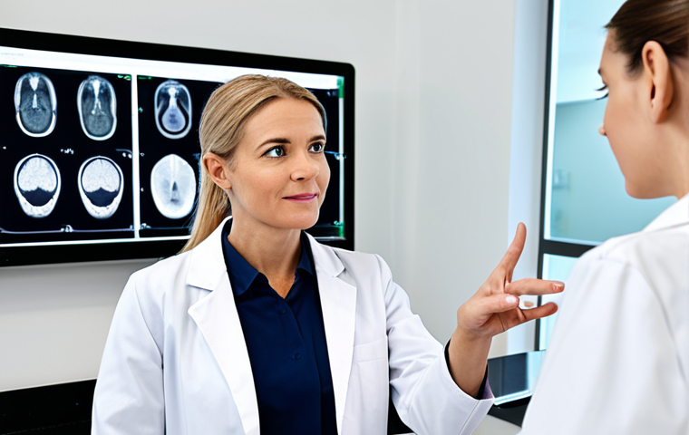A professional female dermatologist in a modest white lab coat and appropriate medical attire, engaged in a detailed consultation with a female client in a professional business suit. They are in a modern, clean dermatology clinic with subtle high-tech equipment in the background. The dermatologist is pointing to a large digital screen displaying a detailed skin analysis report. Professional photography, high quality, safe for work, appropriate content, fully clothed, professional, perfect anatomy, correct proportions, natural pose, well-formed hands, proper finger count, natural body proportions.