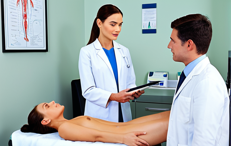 혈관 레이저 치료 - **

"A dermatologist explaining laser vein treatment to a woman, modern clinic setting, medical diag...