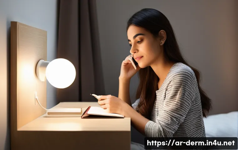 피부과 방문 전 준비 - **Prompt:** A thoughtful Arab woman in her early thirties is meticulously organizing her skincare pr...