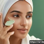 트러블 피부 메이크업 팁 - A close-up portrait of an Arab woman with sensitive skin applying natural mineral foundation, wearin...