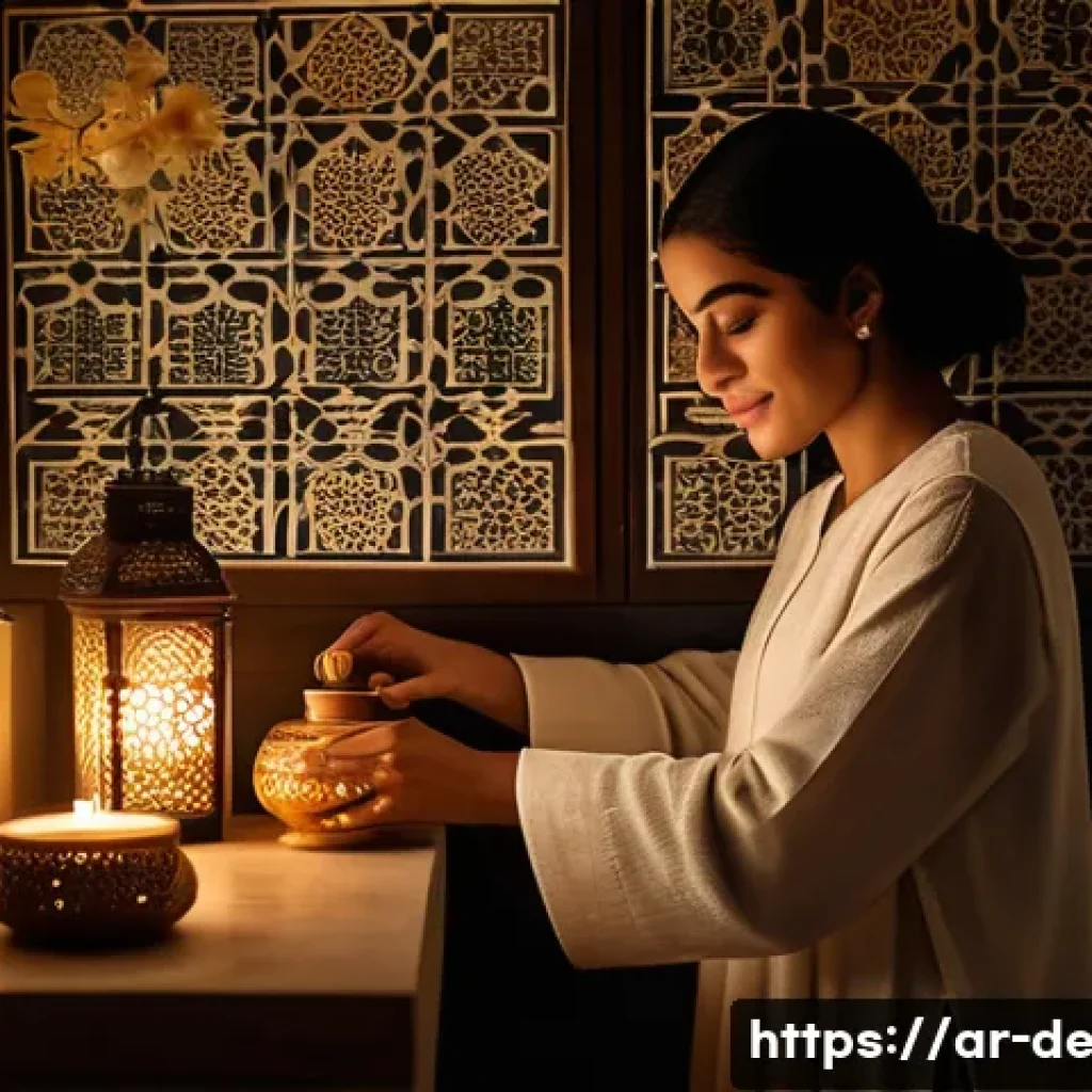 색소침착 제거 방법 - A serene Middle Eastern woman in modest, elegant clothing applying natural skincare products in a so...