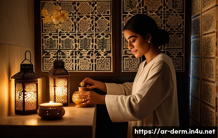 색소침착 제거 방법 - A serene Middle Eastern woman in modest, elegant clothing applying natural skincare products in a so...