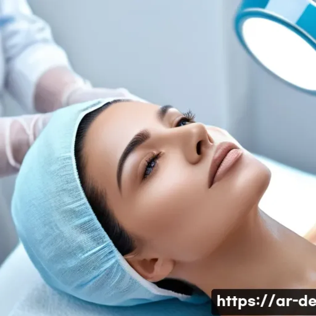 피부과 리프팅 시술 - A serene beauty clinic scene featuring a Middle Eastern woman with glowing, hydrated skin undergoing...