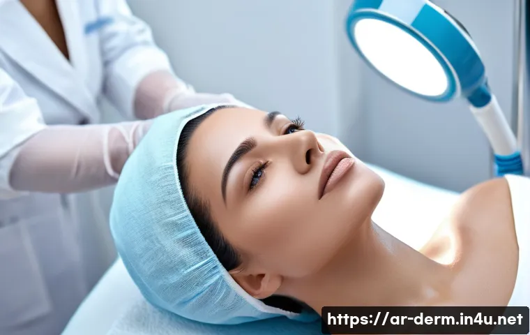 피부과 리프팅 시술 - A serene beauty clinic scene featuring a Middle Eastern woman with glowing, hydrated skin undergoing...