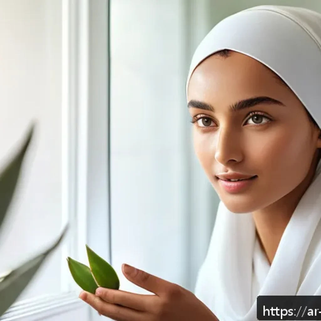 피부 건강 유지 팁 - A serene Middle Eastern woman with flawless, hydrated skin wearing a modest light-colored hijab and ...