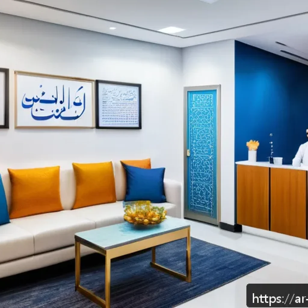 여드름 전문 피부과 추천 - A modern dermatology clinic interior designed for an Arabic-speaking patient, featuring a welcoming ...