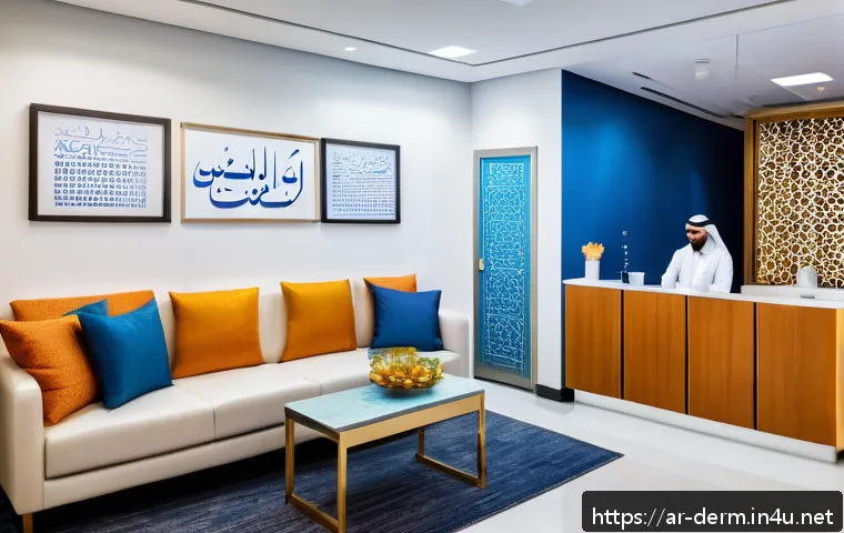 여드름 전문 피부과 추천 - A modern dermatology clinic interior designed for an Arabic-speaking patient, featuring a welcoming ...