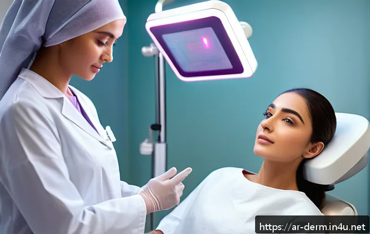 피부과 여드름 전용 패키지 - A modern dermatology clinic room showcasing a professional fractional laser acne treatment session o...