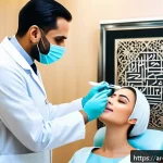 Home 22 피부과와 성형외과 차이 - A professional dermatologist clinic scene in a modern Riyadh hospital, featuring a confident male de...
