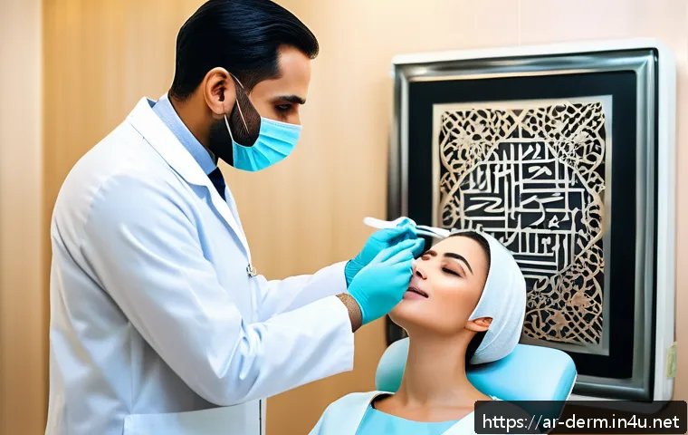 피부과와 성형외과 차이 - A professional dermatologist clinic scene in a modern Riyadh hospital, featuring a confident male de...
