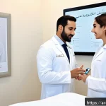 Home 21 피부과 시술 리뷰 사이트 - A modern dermatology clinic interior in Riyadh, Saudi Arabia, featuring advanced laser equipment and...