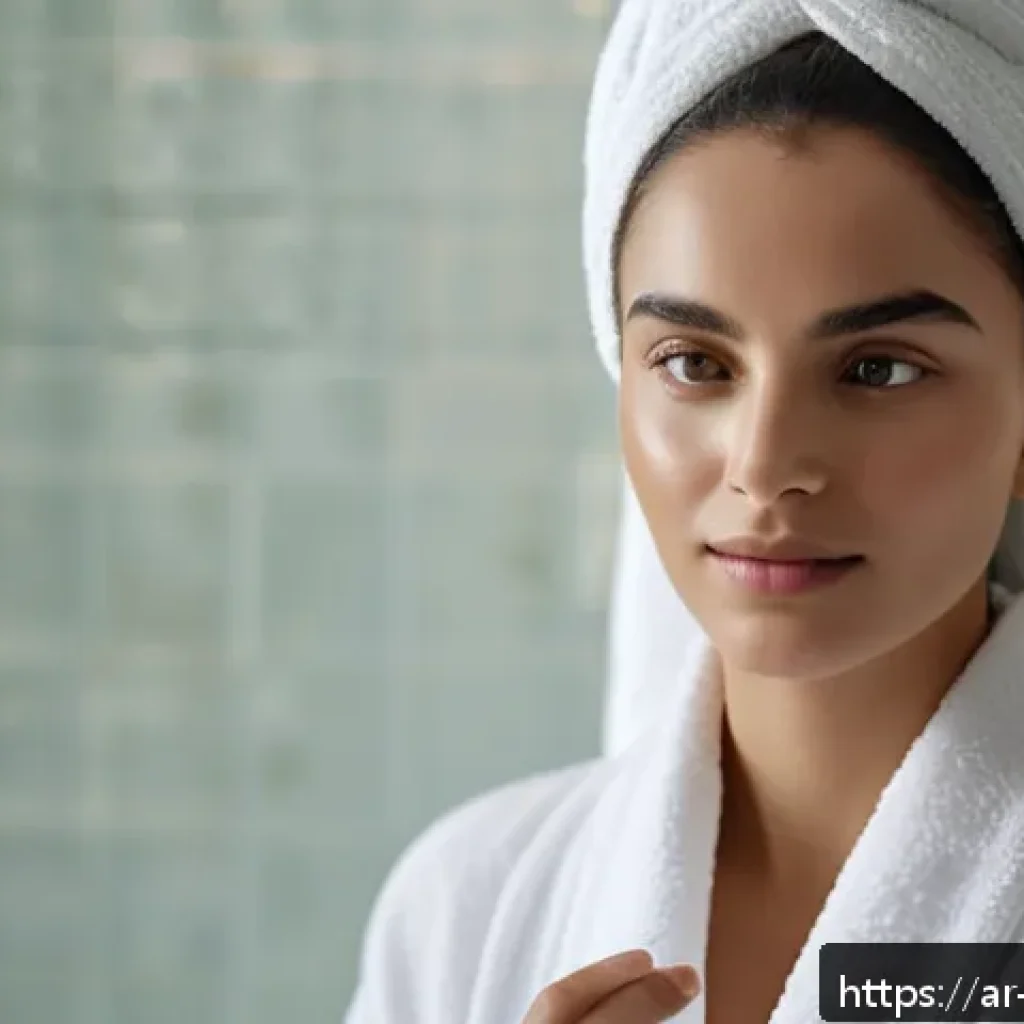 민감 피부에 좋은 세럼 - A serene Middle Eastern woman with sensitive skin applying a lightweight serum on her face in a soft...