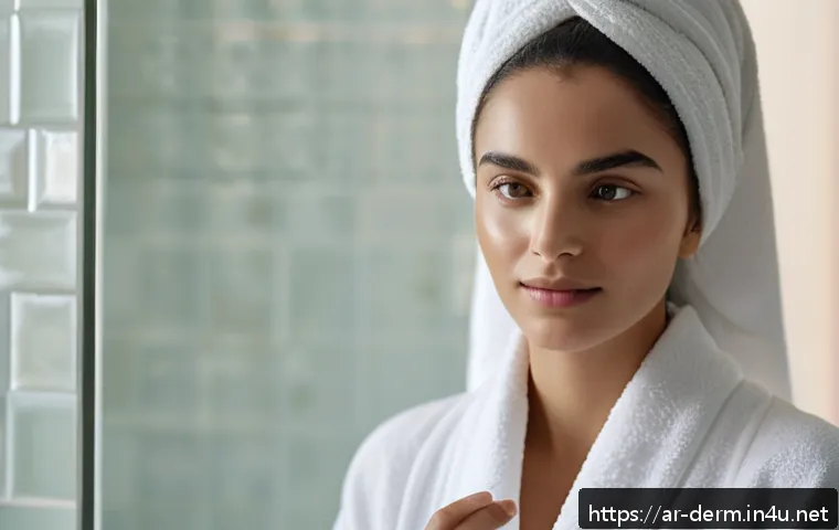 민감 피부에 좋은 세럼 - A serene Middle Eastern woman with sensitive skin applying a lightweight serum on her face in a soft...