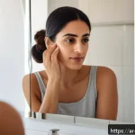 Home 19 피부암 조기 진단법 - A detailed scene of an Arabic woman in her 30s examining her skin carefully in front of a large, wel...