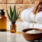 Home 18 사마귀 제거 시술 - A serene, warmly lit Middle Eastern bathroom scene featuring natural skincare elements: amber bottle...