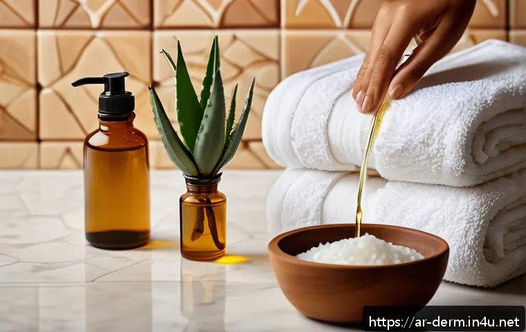 사마귀 제거 시술 - A serene, warmly lit Middle Eastern bathroom scene featuring natural skincare elements: amber bottle...