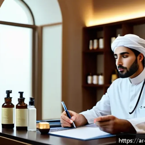 Home 17 피부과 진료 시 주의사항 - A modern dermatology clinic scene featuring a calm Arab woman in modest attire with light makeup rem...