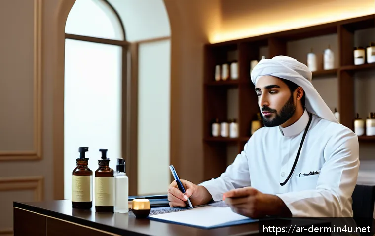 피부과 진료 시 주의사항 - A modern dermatology clinic scene featuring a calm Arab woman in modest attire with light makeup rem...