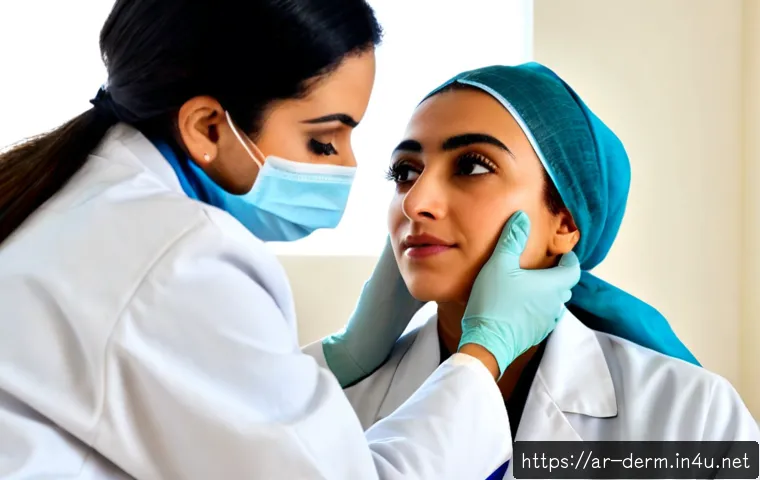 여드름 압출 치료법 - Photorealistic close-up of a Middle Eastern female dermatologist in a modest white medical coat perf...
