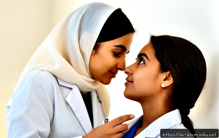 Home 17 피부과 여드름 예방 - Photorealistic dermatology acne prevention consultation in a modern Middle Eastern clinic, modest yo...